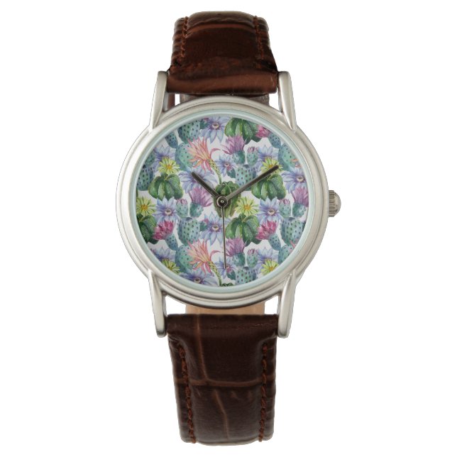 Handgeverfde Waterverf Cactus Patroon Horloge (Voorkant)