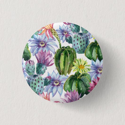 Handgeverfde Waterverf Cactus Patroon Ronde Button 3,2 Cm (Voorkant)