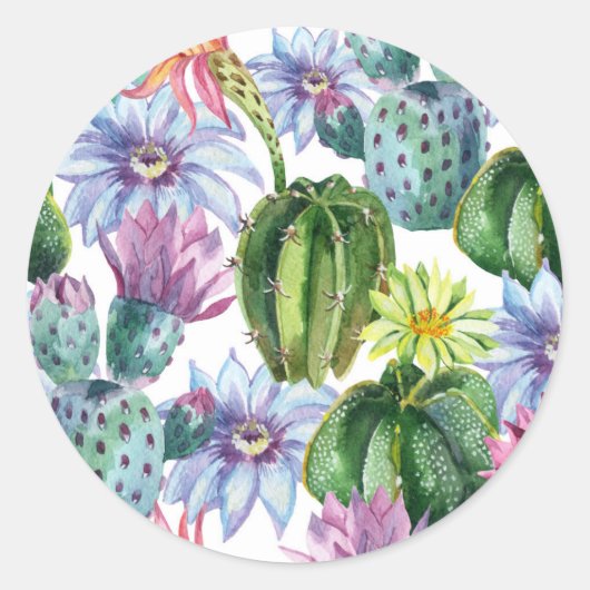 Handgeverfde Waterverf Cactus Patroon Ronde Sticker (Voorkant)