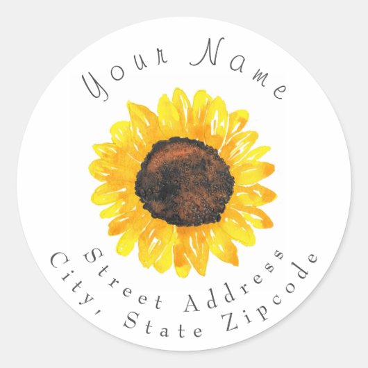 "Handgeverfde Waterverf zonnebloem 2"-etiket Ronde Sticker (Voorkant)
