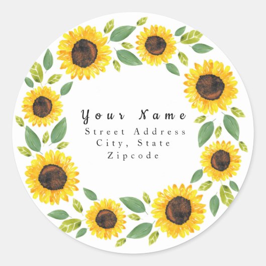 "Handgeverfde Waterverf - Zonnebloem - etiket" Ronde Sticker (Voorkant)