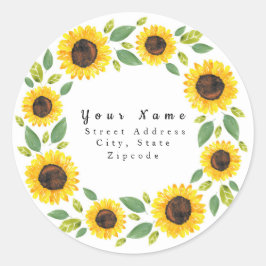 "Handgeverfde Waterverf - Zonnebloem - etiket" Ronde Sticker