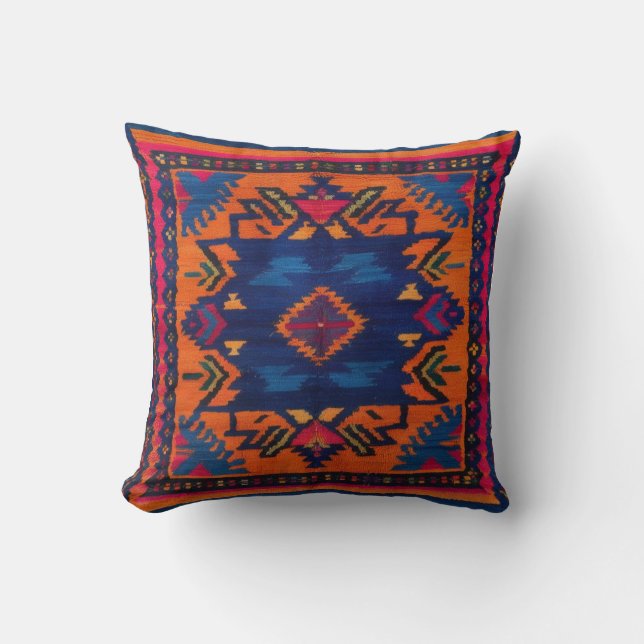 Handgeweven Blue Kilim Lumbar Kussens: Uniek Comfo Kussen (Voorkant)