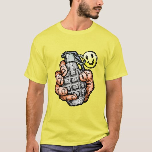 Handgrenade met gelukkig gezicht, stripstijl t-shirt (Voorkant)