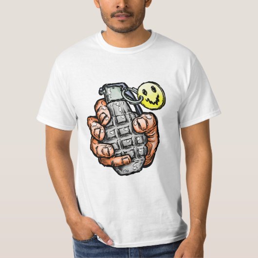 Handgrenade met gelukkig gezicht, stripstijl t-shirt (Voorkant)