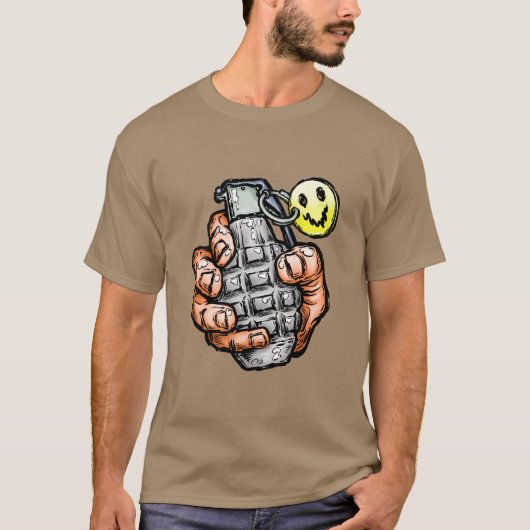 Handgrenade met gelukkig gezicht, stripstijl t-shirt (Voorkant)