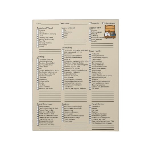 Handige controlelijst voor reisverpakking notitieblok (Linkerzijde)