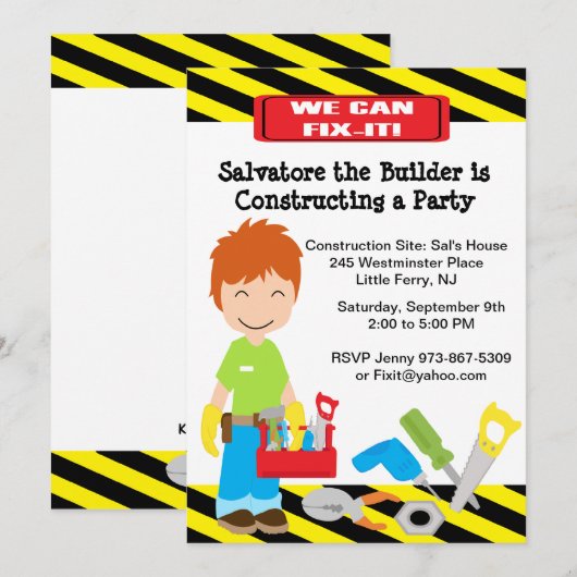 Handige Fix it Boys Birthday Uitnodiging (Voorkant / Achterkant)