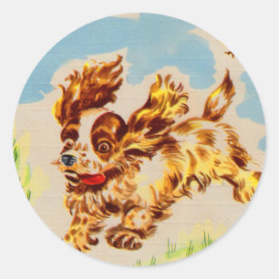 handige hond op de vlucht ronde sticker
