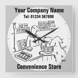 Handige winkel, lokale winkel of supermarkt vierkante klok