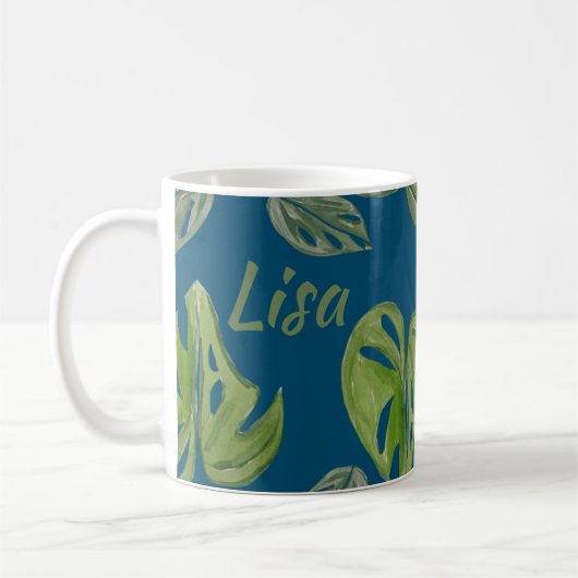 Handje Waterverf Monstera Adansonii Leaf Blue Koffiemok (Links)