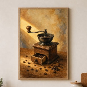 Handkoffiemolen & Koffiebonen Aquarel Poster