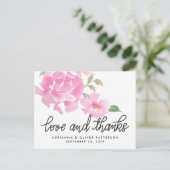 Handlettered Liefde en Bedankt Roze Pioenbloemen Briefkaart (Staand voorkant)