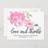 Handlettered Liefde en Bedankt Roze Pioenbloemen Briefkaart (Voorkant / Achterkant)