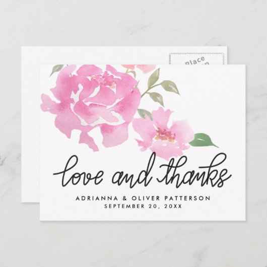 Handlettered Liefde en Bedankt Roze Pioenbloemen Briefkaart (Voorkant / Achterkant)