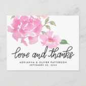 Handlettered Liefde en Bedankt Roze Pioenbloemen Briefkaart (Voorkant)