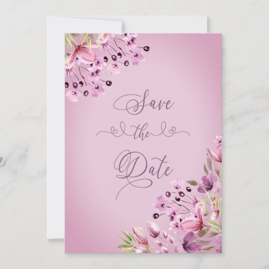 Handlettered Paarse Bloemen Waterverf Save The Date (Voorkant)