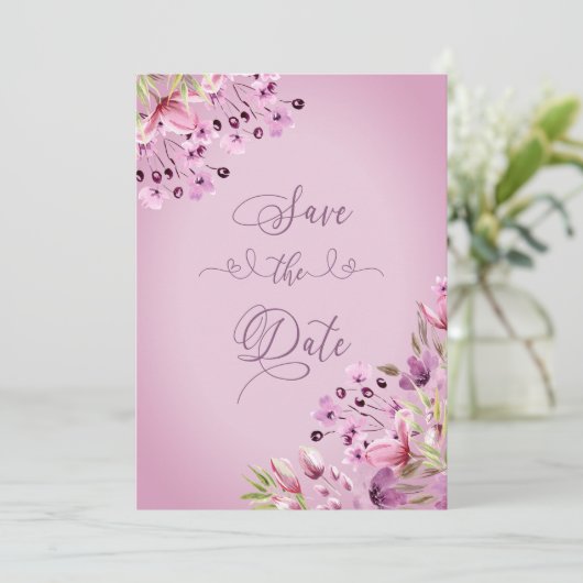 Handlettered Paarse Bloemen Waterverf Save The Date (Staand voorkant)