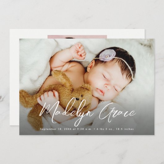 Handlettered Script Baby Girl Naam Foto Geboorte Aankondiging (Voorkant / Achterkant)