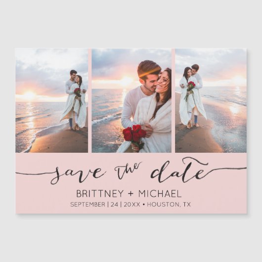 Handletteren Foto Collage Roze Save the Date (Voorkant)