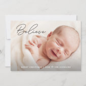 Handlettering Believe Baby Christmas Custom Photo Feestdagenkaart (Voorkant)