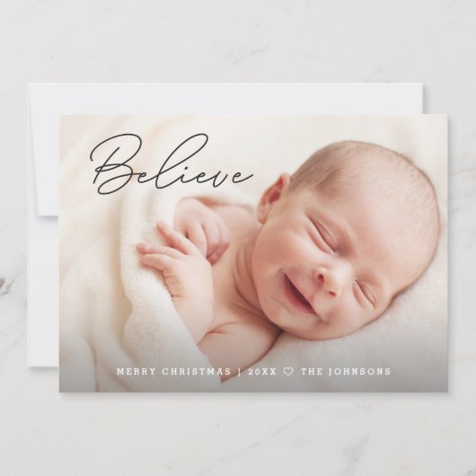 Handlettering Believe Baby Christmas Custom Photo Feestdagenkaart (Voorkant)