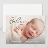Handlettering Believe Baby Christmas Custom Photo Feestdagenkaart (Voorkant / Achterkant)