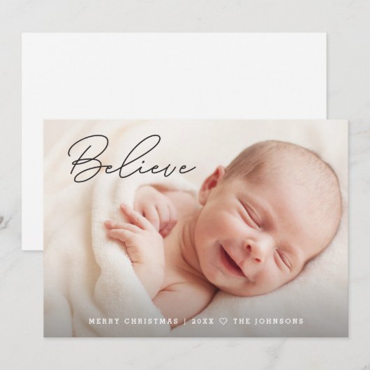Handlettering Believe Baby Christmas Custom Photo Feestdagenkaart (Voorkant / Achterkant)
