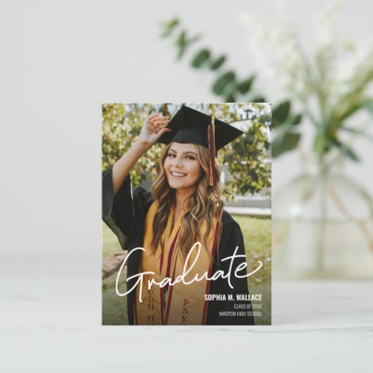 Handlettering Custom Photo High School Afstuderen Aankondigingskaart (Staand voorkant)
