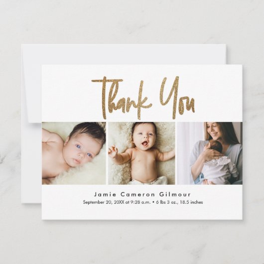 handlettering Gold Script Custom 3 foto Baby Bedankkaart (Voorkant)