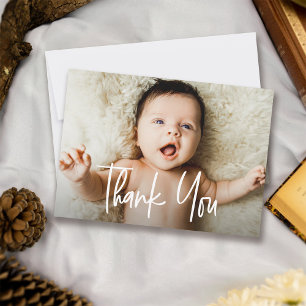 Handlettering kleine aangepaste foto Baby shower Bedankkaart