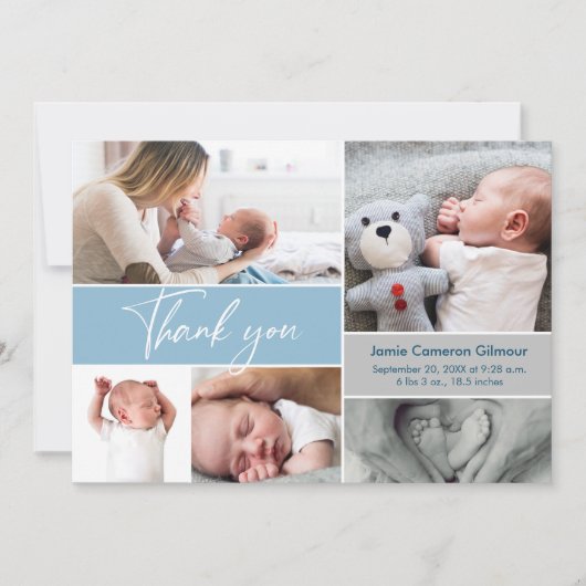 Handlettering Modern Blue Multi Photo Baby shower Bedankkaart (Voorkant)