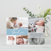 Handlettering Modern Blue Multi Photo Baby shower Bedankkaart (Staand voorkant)
