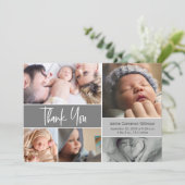 Handlettering Modern Grey Baby shower Foto's Bedankkaart (Staand voorkant)