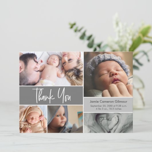 Handlettering Modern Grey Baby shower Foto's Bedankkaart (Staand voorkant)