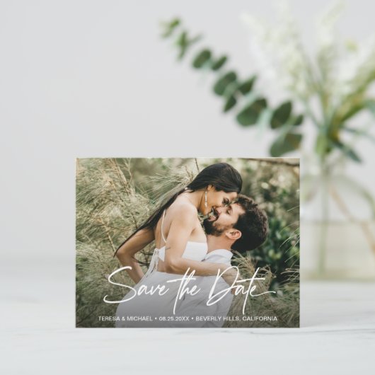 Handlettering Save the Date Custom Photo Engaged Aankondigingskaart (Staand voorkant)
