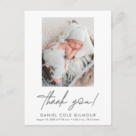 Handlettering Script Dank u Baby Foto Geboorte Aankondigingskaart (Voorkant)