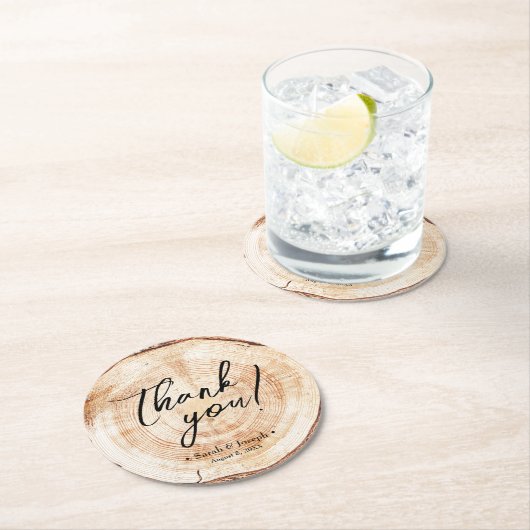 Handlettering script tree wood slice bruiloft favo ronde kartonnen onderzetter (Insitu)