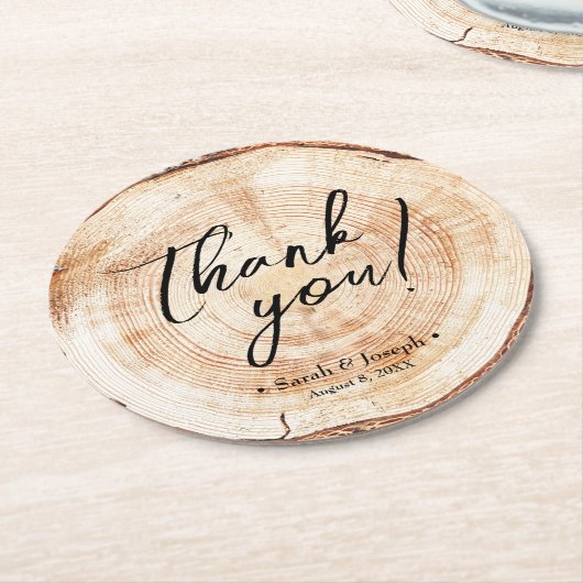 Handlettering script tree wood slice bruiloft favo ronde kartonnen onderzetter (Gebogen)