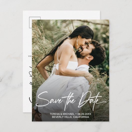 Handlettering sparen de Aangepaste Foto van de Dat Aankondigingskaart (Voorkant / Achterkant)