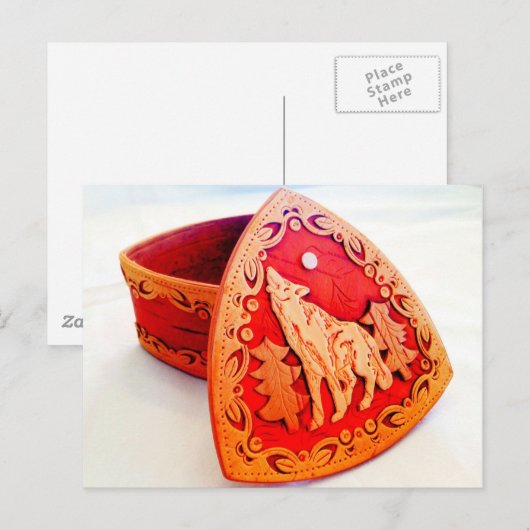 Handmade Birch Wood Jewelry Box met Howling Wolf Briefkaart (Voorkant / Achterkant)