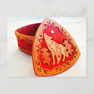 Handmade Birch Wood Jewelry Box met Howling Wolf Briefkaart