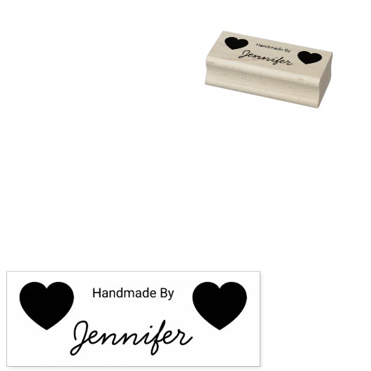 Handmade By Cursive Script Name Two Hearts Rubberstempel (Gestempeld)