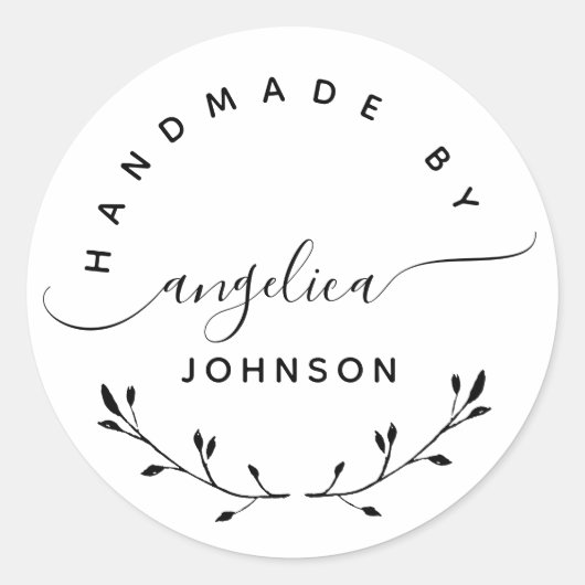 Handmade By Elegant Script Botanical  Ronde Sticker (Voorkant)