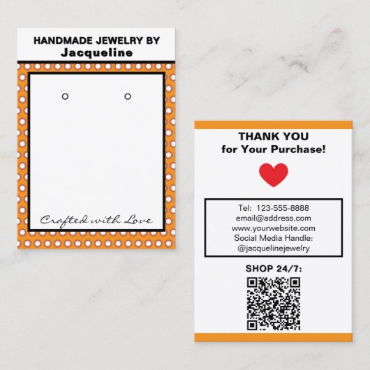 Handmade Earrings Orange White Polka Dots Visitekaartje (Voorkant / Achterkant)