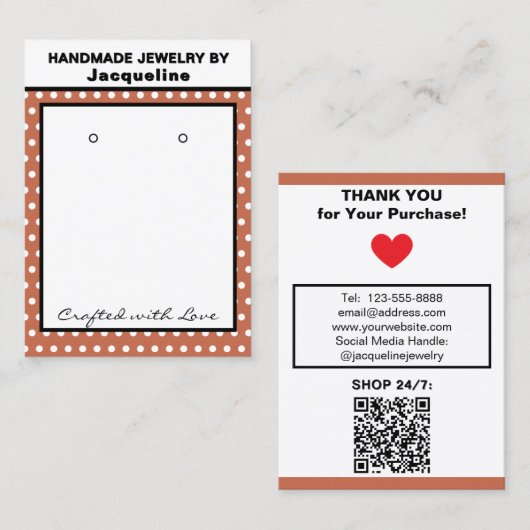 Handmade Earrings Terra Cotta White Polka Dots Visitekaartje (Voorkant / Achterkant)