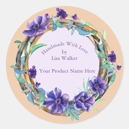 Handmade Item Label Rustic Wreate & Paarse Sticker (Voorkant)