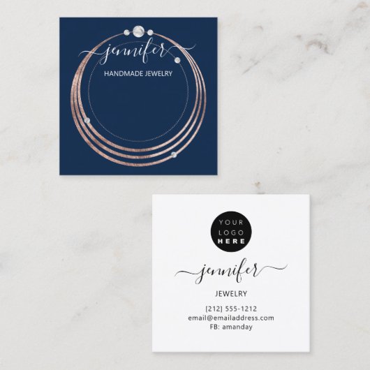 Handmade Jewelry Custom Logo Roos Gold Blue Navy Vierkante Visitekaartje (Voorkant / Achterkant)