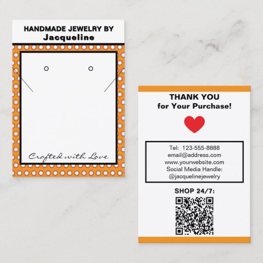 Handmade Jewelry Orange White Polka Dots Visitekaartje (Voorkant / Achterkant)