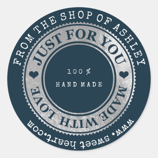 Handmade Logo Name Web Heart Love Navy Silver Wow Ronde Sticker (Voorkant)